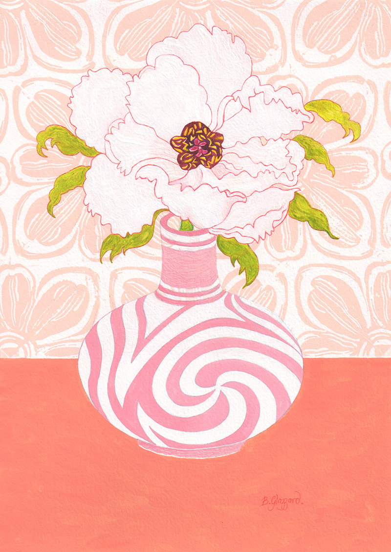 Print entitled Peony in Striped Vase by Bronwen Glazzard available from bronwenglazzard.co.uk